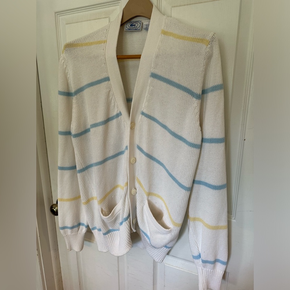 Izod Lacoste preppy, 90’s, cardigan. White, blue and yellow. Size M